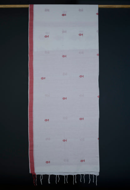 Handwoven  Red & White Fish Motif Bawanbooti Saree