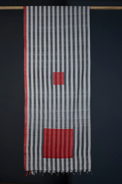 Handwoven Black & White Vertical Line Bawanbooti Saree