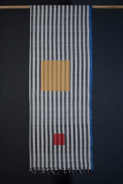 Handwoven Black & White Vertical Line Bawanbooti Saree