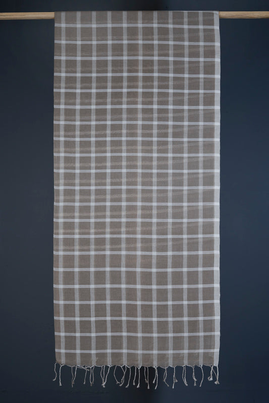 Deep Beige All Over Checks - Handwoven Cotton Saree