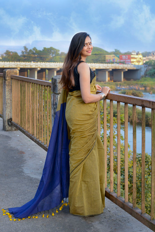 Navy Blue and Mustard Yellow - Handwoven Cotton Saree