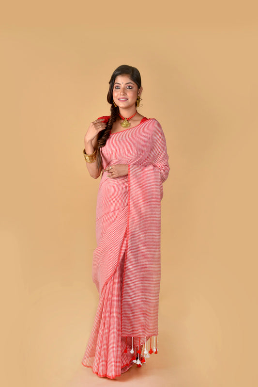 Red & White Checks Saree