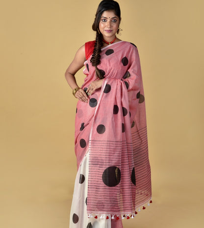 Red, White and Black Polka Dots - Hand Block Printed Cotton Saree