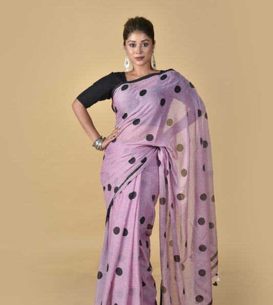 Light Purple Black Polka Dots - Hand Block Printed Cotton Saree
