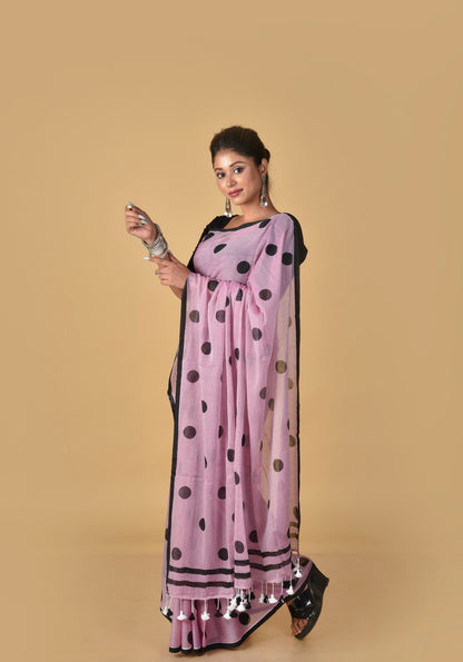 Light Purple Black Polka Dots - Hand Block Printed Cotton Saree