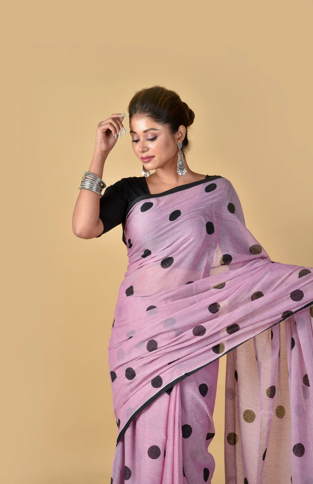 Light Purple Black Polka Dots - Hand Block Printed Cotton Saree