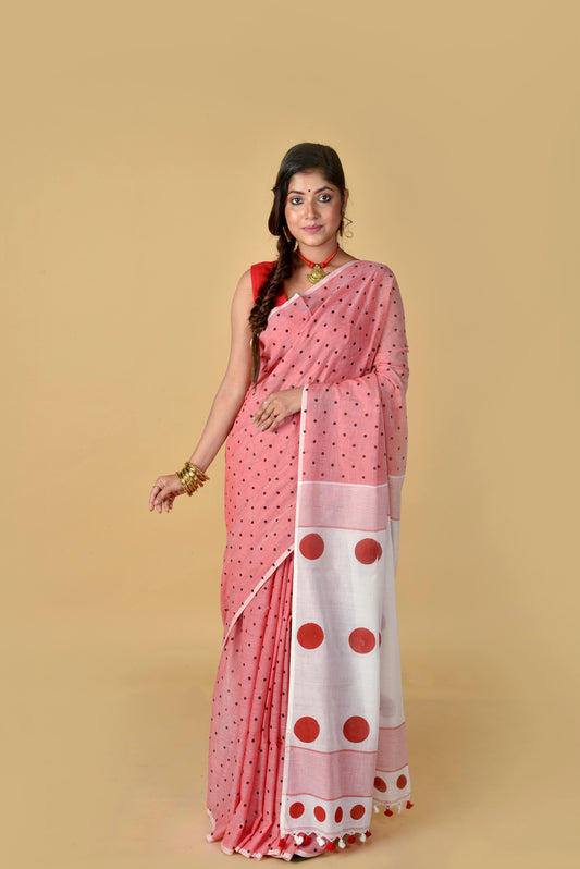 Red White (All Over Black Dots) - Hand Block Printed Cotton Saree