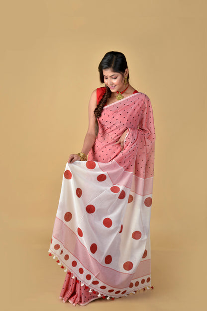Red White (All Over Black Dots) - Hand Block Printed Cotton Saree