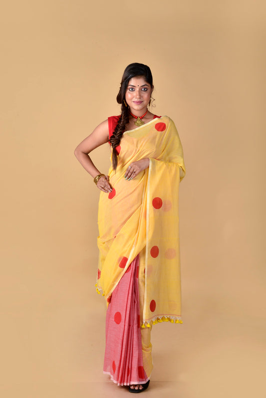 Red Yellow Polka Dots - Hand Block Printed Cotton Saree