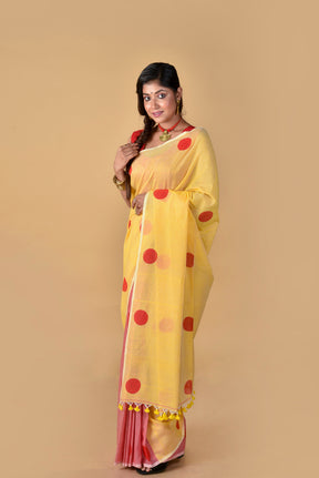 Red Yellow Polka Dots - Hand Block Printed Cotton Saree