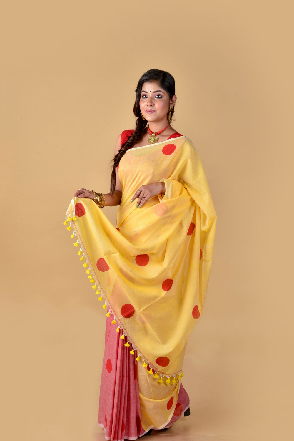 Red Yellow Polka Dots - Hand Block Printed Cotton Saree