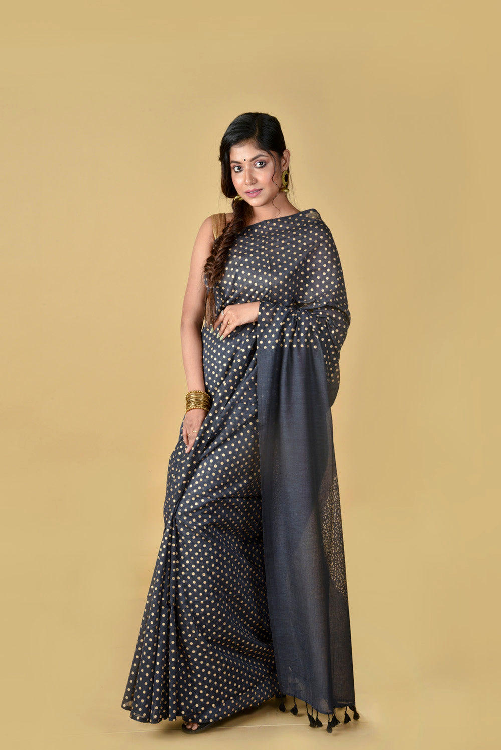 Abstract Dark Grey & Gold Hand Block Printed Cotton Saree