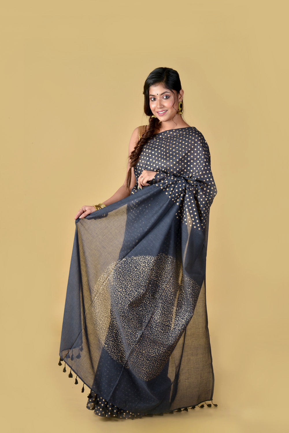 Abstract Dark Grey & Gold Hand Block Printed Cotton Saree