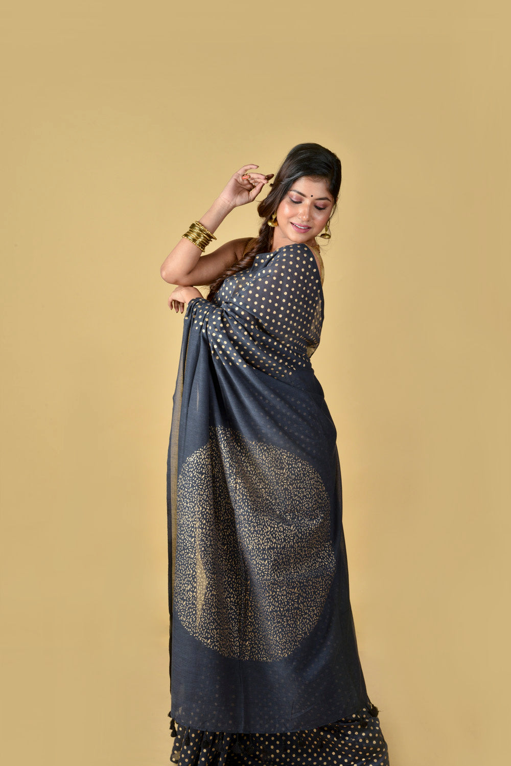 Abstract Dark Grey & Gold Hand Block Printed Cotton Saree