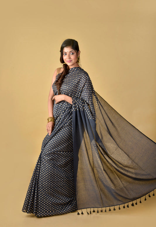 Abstract Dark Grey & Gold Hand Block Printed Cotton Saree