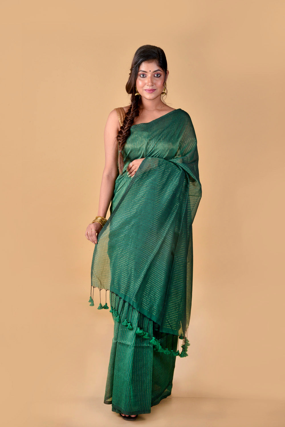 Bottle Green Zari Lines Saree