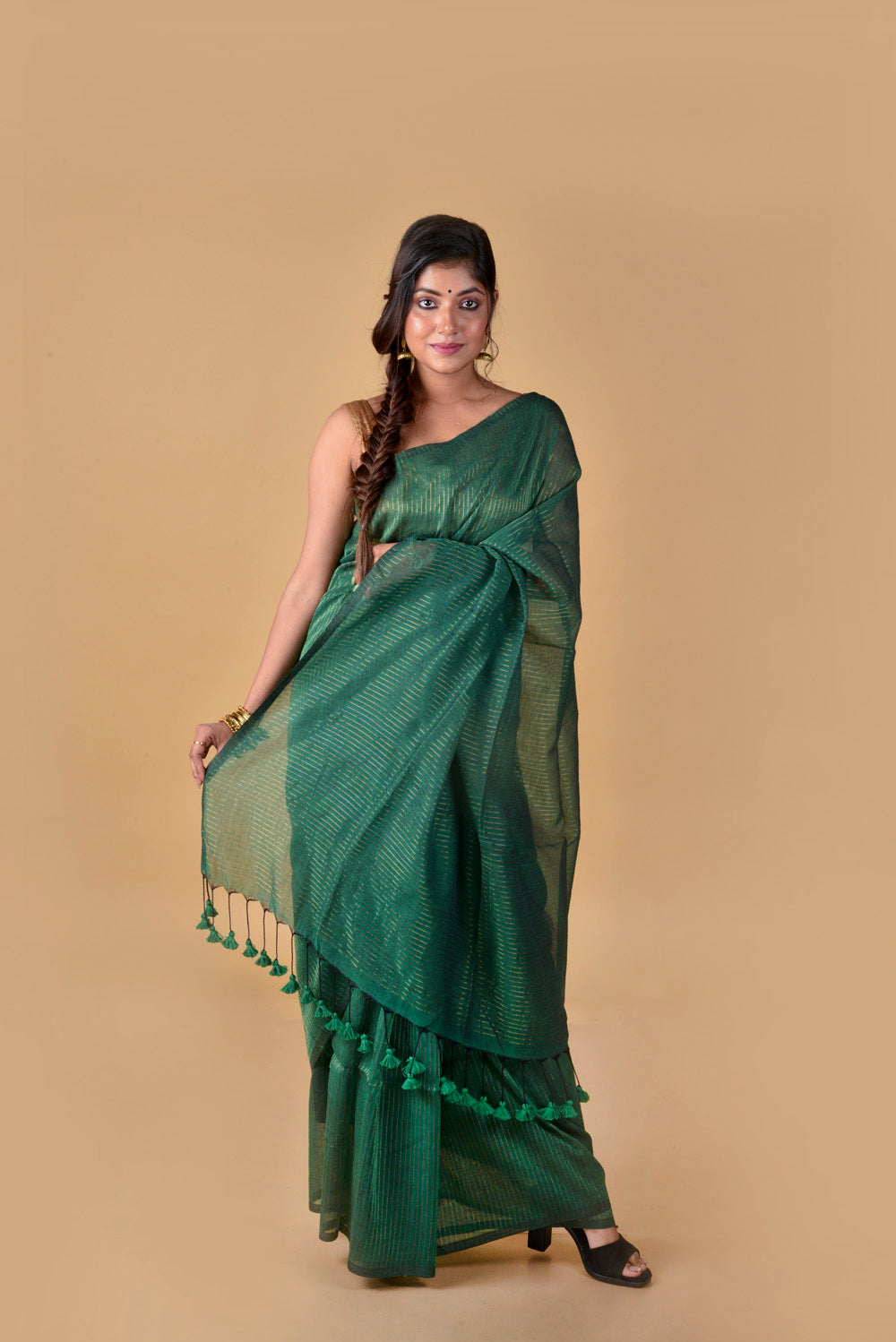 Bottle Green Zari Lines Saree