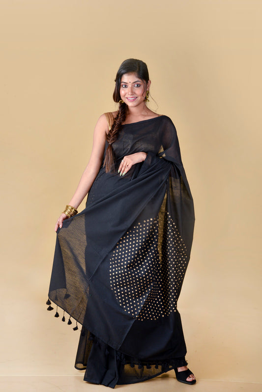 Abstract - Black & Gold - Hand Block Printed Cotton Saree