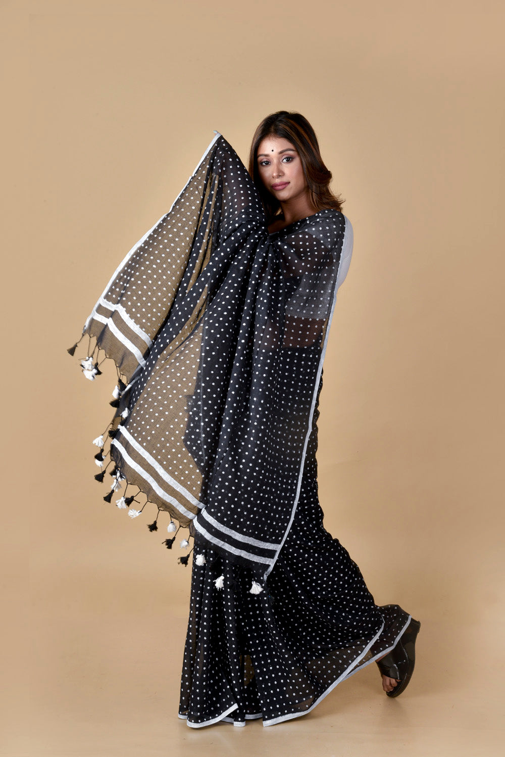 Black & White (All Over Dots) - Hand Block Printed Cotton Saree