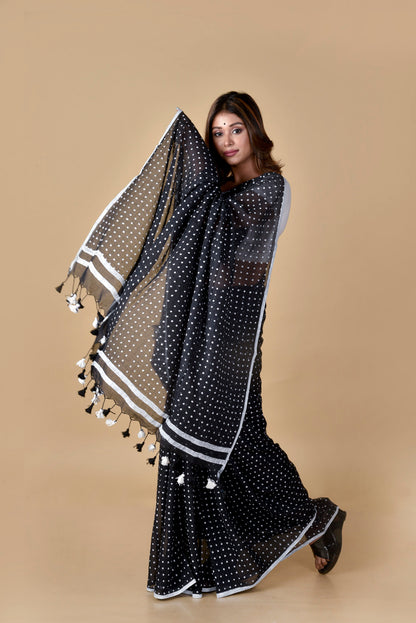 Black & White (All Over Dots) - Hand Block Printed Cotton Saree