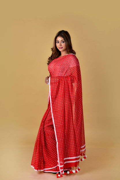 Red & White (All Over Dots) - Hand Block Printed Cotton Saree