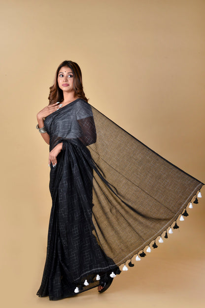 BLACK - all over abstract lines Saree