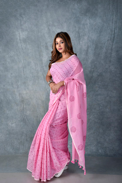 Pink (All Over Dots) - Hand Block Printed Cotton Saree