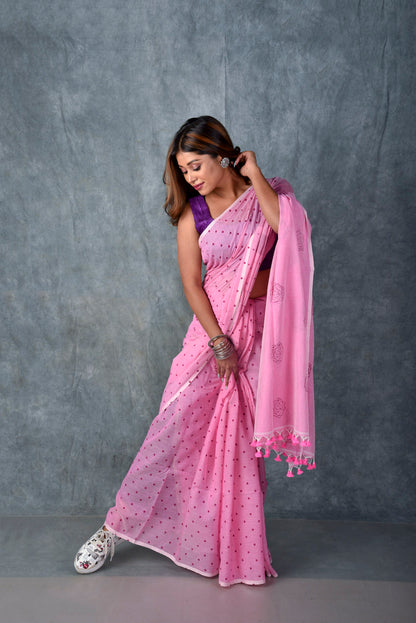 Pink (All Over Dots) - Hand Block Printed Cotton Saree