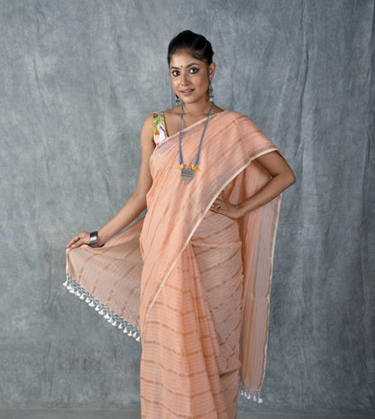 Peach Silver Zari Stripes