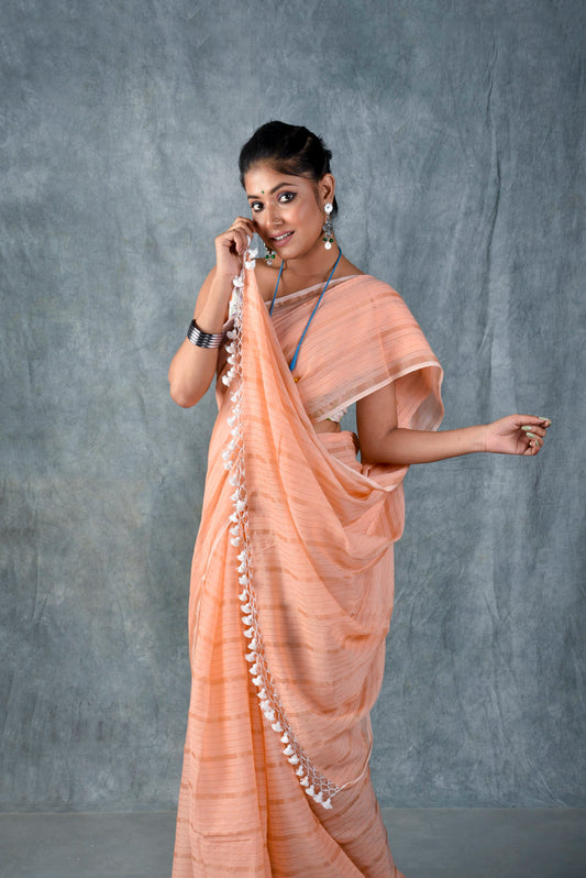 Peach Silver Zari Stripes