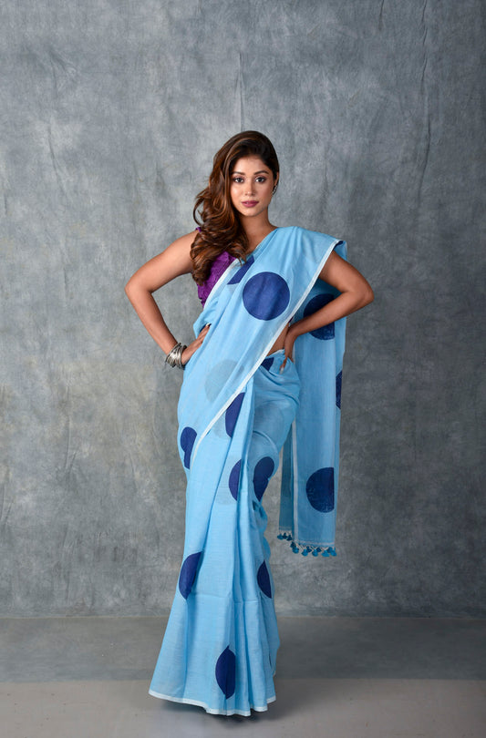 Sky and Navy Blue Polka - Hand Block Printed Cotton Saree