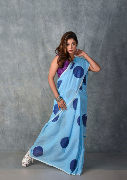 Sky and Navy Blue Polka - Hand Block Printed Cotton Saree