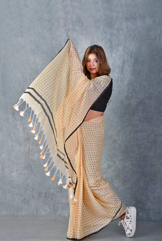 Light Beige (All Over Black Dots) - Hand Block Printed Cotton Saree