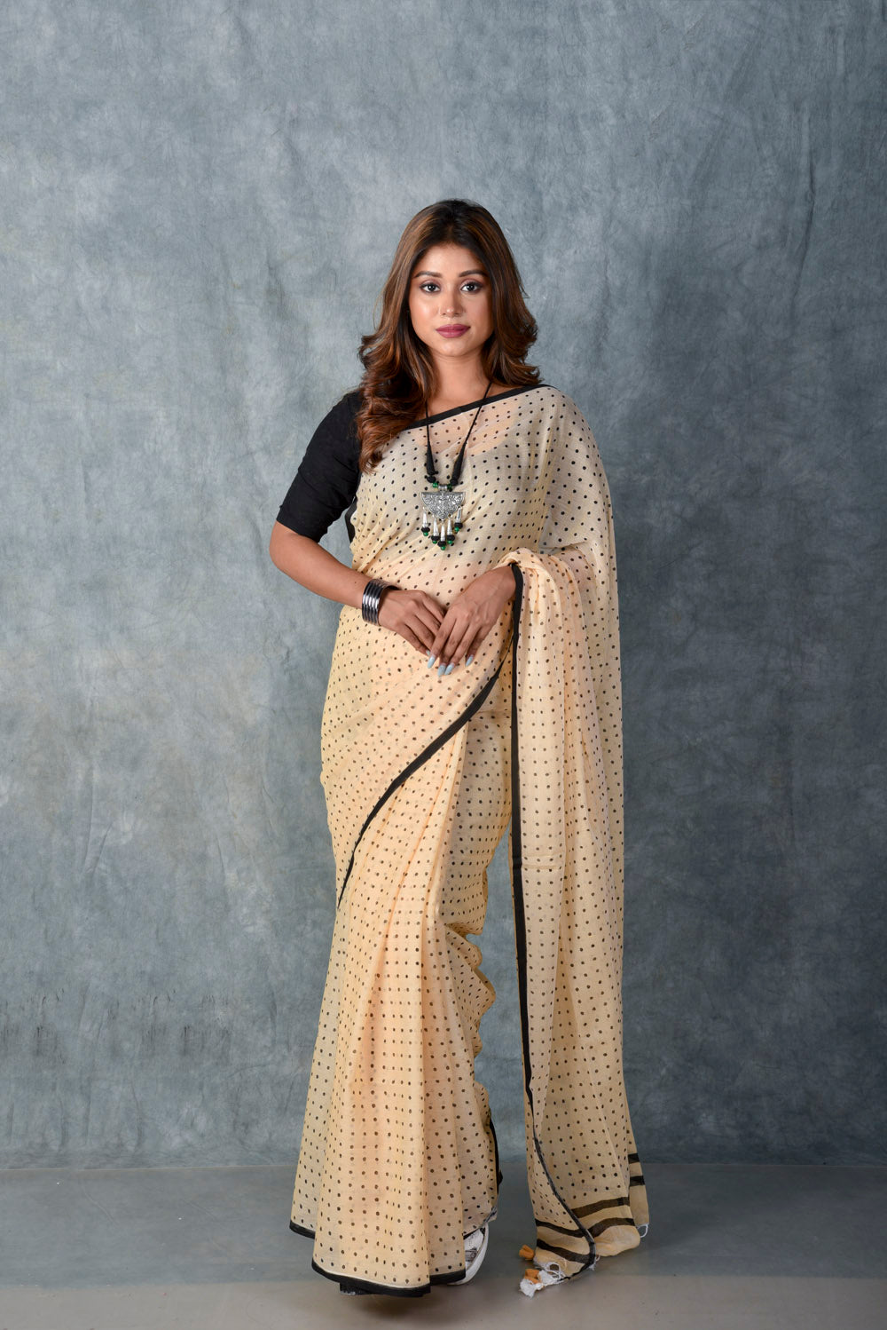 Light Beige (All Over Black Dots) - Hand Block Printed Cotton Saree