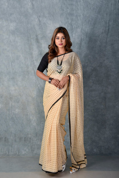 Light Beige (All Over Black Dots) - Hand Block Printed Cotton Saree