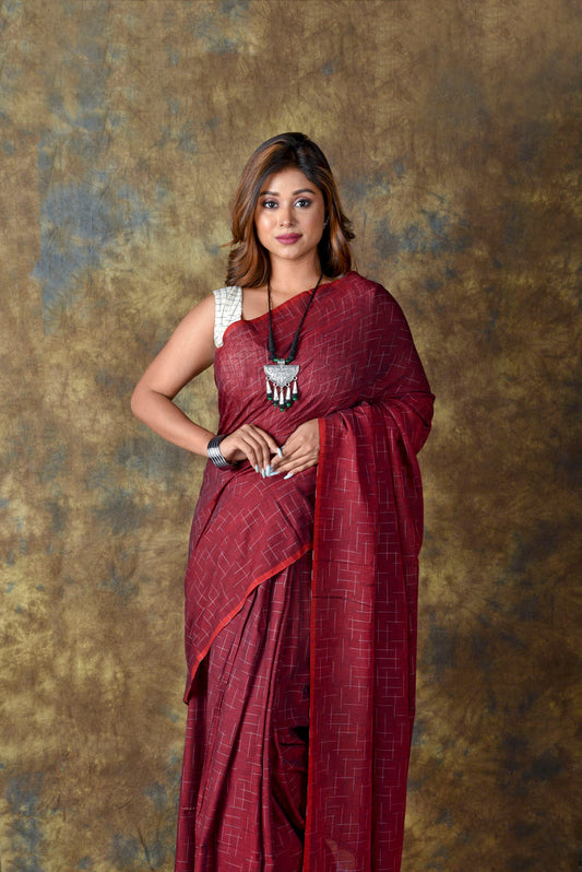 MAROON - all over abstract lines Saree