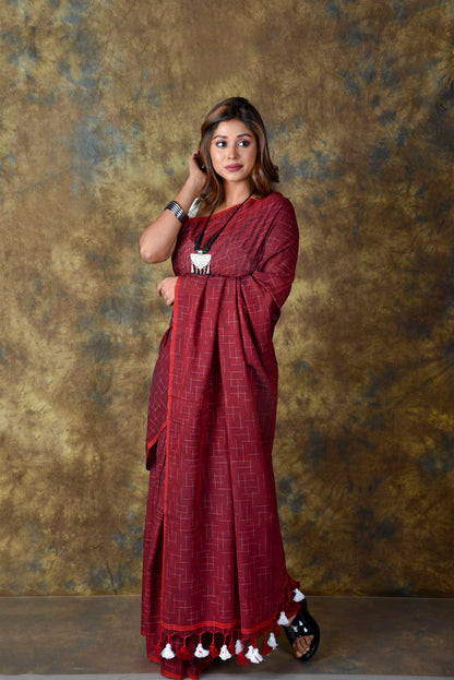 MAROON - all over abstract lines Saree