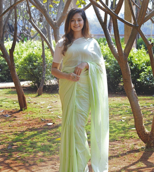 Light Green Cotton Lines Saree
