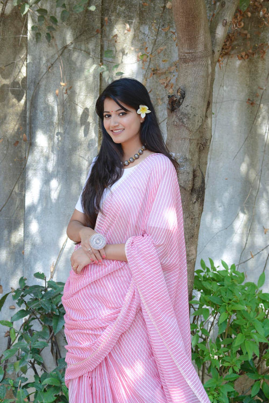 Pink Cotton Lines Saree