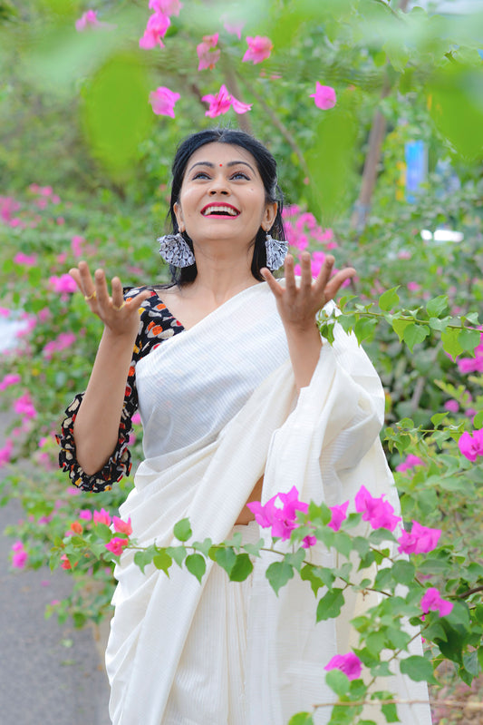 Off White (Ivory) Cotton Line Saree