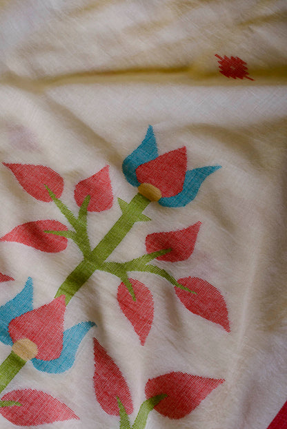 Red White Handwoven Floral Jamdani Saree