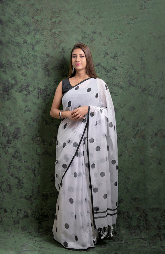 Black & White Polka Dots - Hand Block Printed Cotton Saree