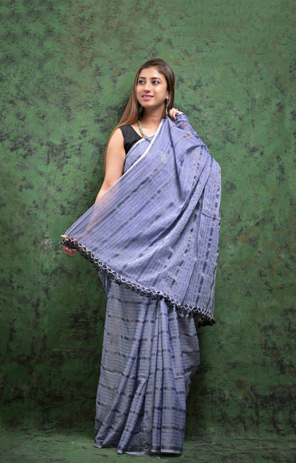 Grayish Blue Silver Zari Stripes
