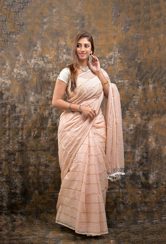 Light Peach Silver Zari Stripes