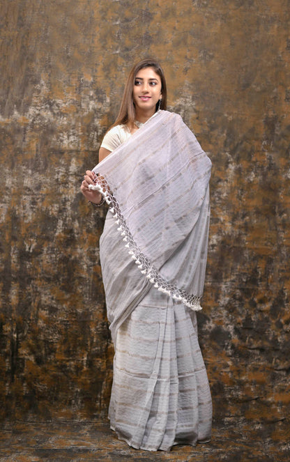 Light Grey Silver Zari Stripes