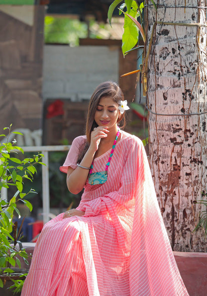Light Orange Cotton Lines Saree