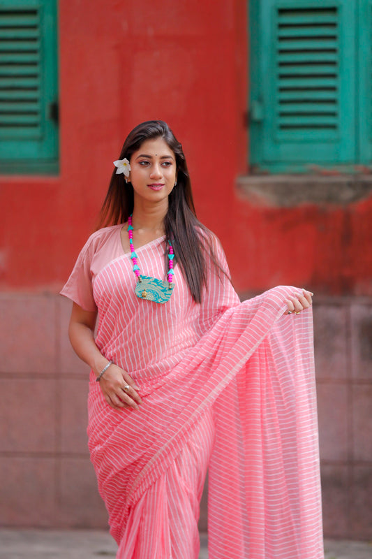 Light Orange Cotton Lines Saree