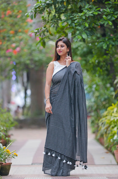 Black & White Cotton Lines Saree