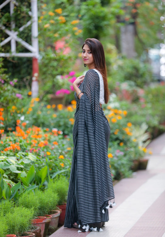 Black & White Cotton Lines Saree