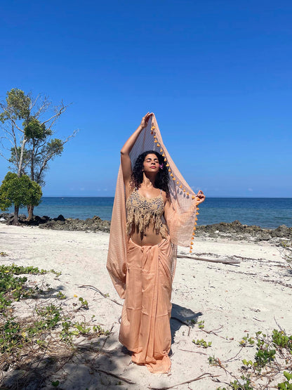 Peach Cotton Line Saree